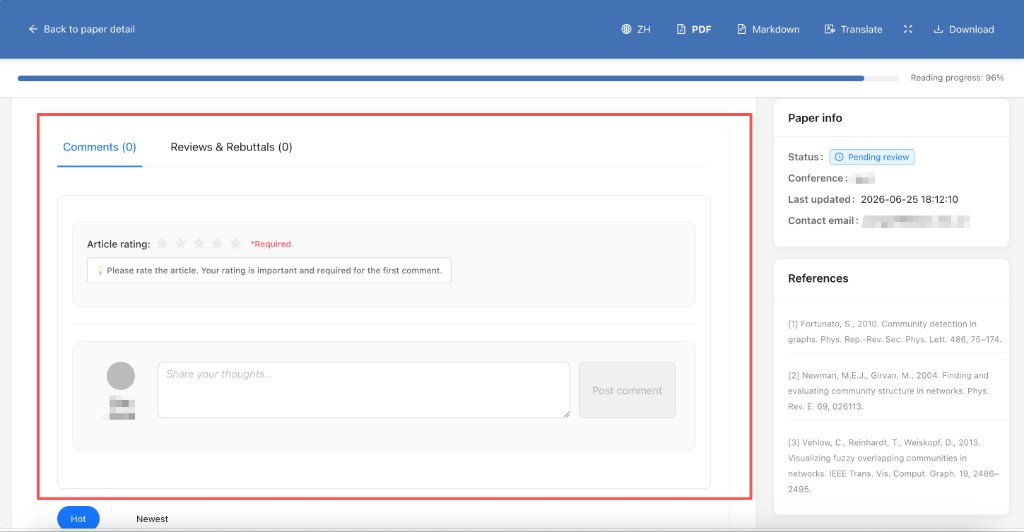Public comment section on the paper detail page